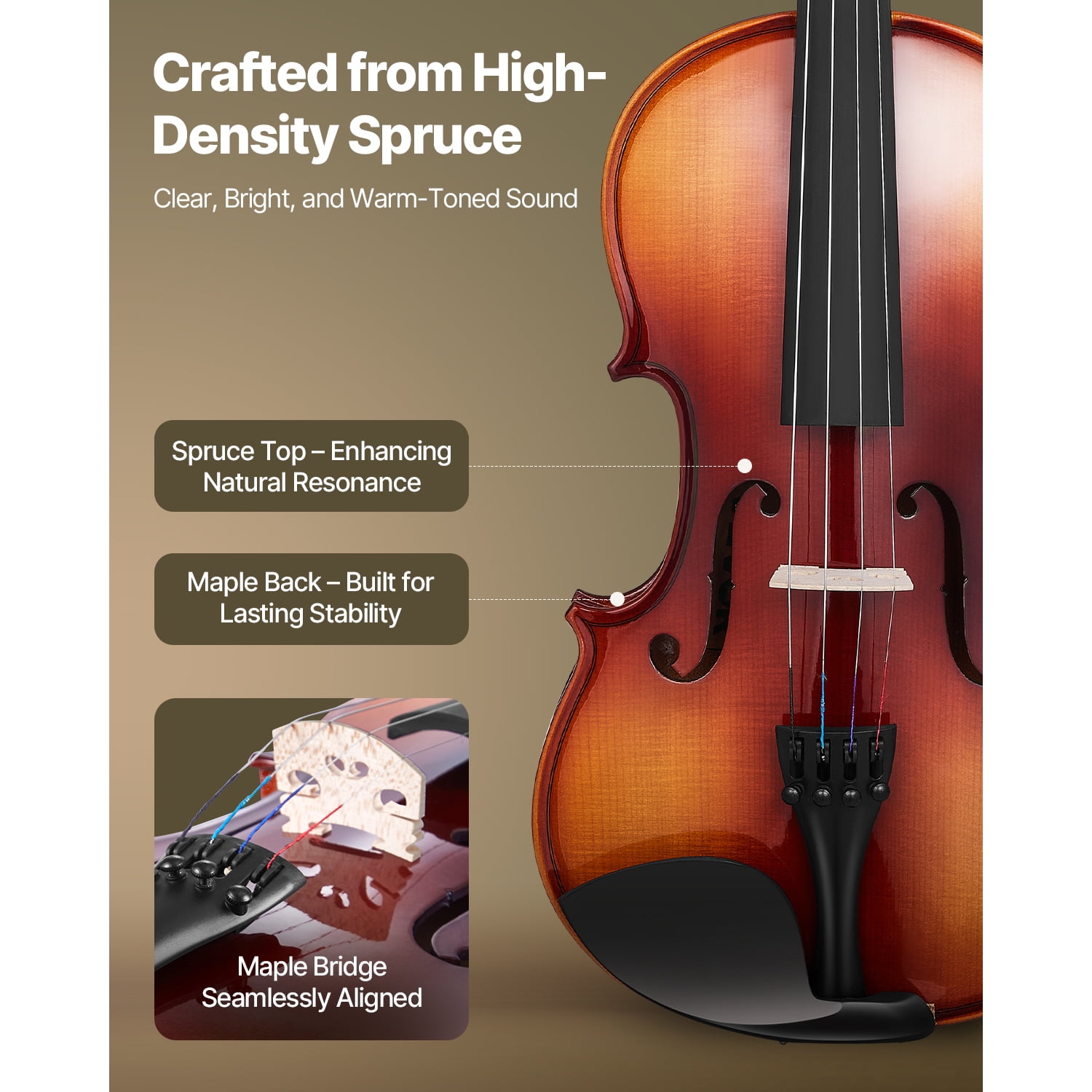 KFFKFF Full-Size 4/4 Violin for Adults, Beginner's Fiddle Set with Case, Rosin, Bow, Shoulder Rest, Bridge, Extra Strings, Solid Wood Musical Instrument (Glossy Brown)