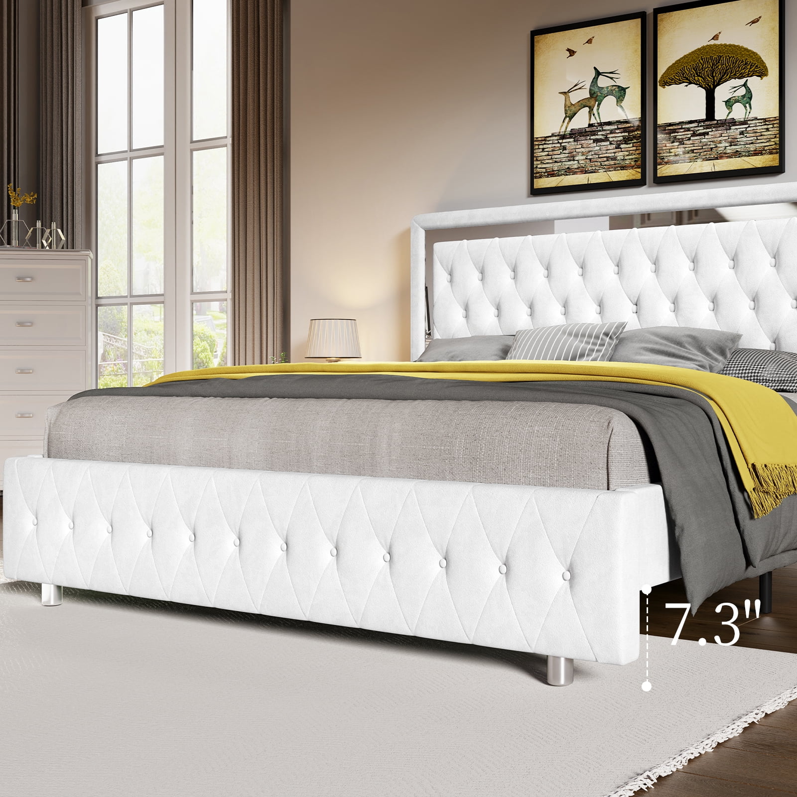 Merluxy Full Size Bed Frame with Led Lights Headboard,Acrylic Mirror Accents,No Box Spring Needed,Velvet White