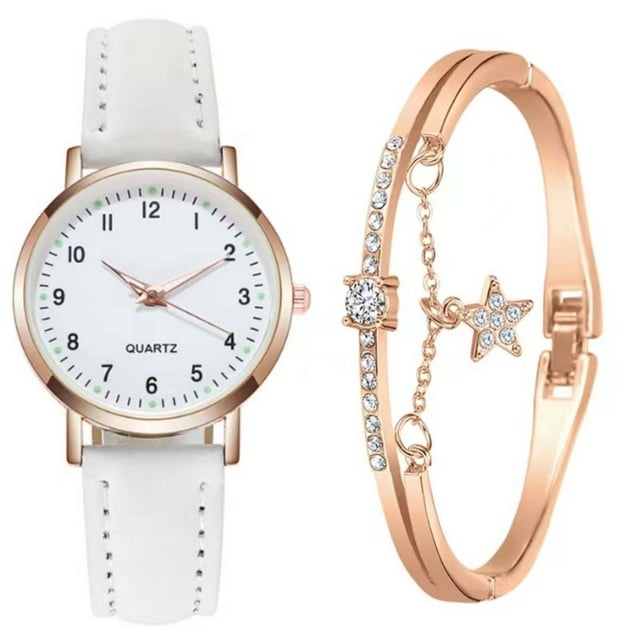 Reloj redondo clásico retro para mujer con esfera luminosa y correa de piel | Caja pequeña de oro de 32,5 mm | Pulsera incluida | Regalo elegante para ella