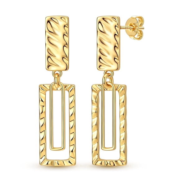 NARMO 925 Sterling Silver Gold Plated Rectangular Texture Hoop Earrings, Women's Jewelry Gift for Her