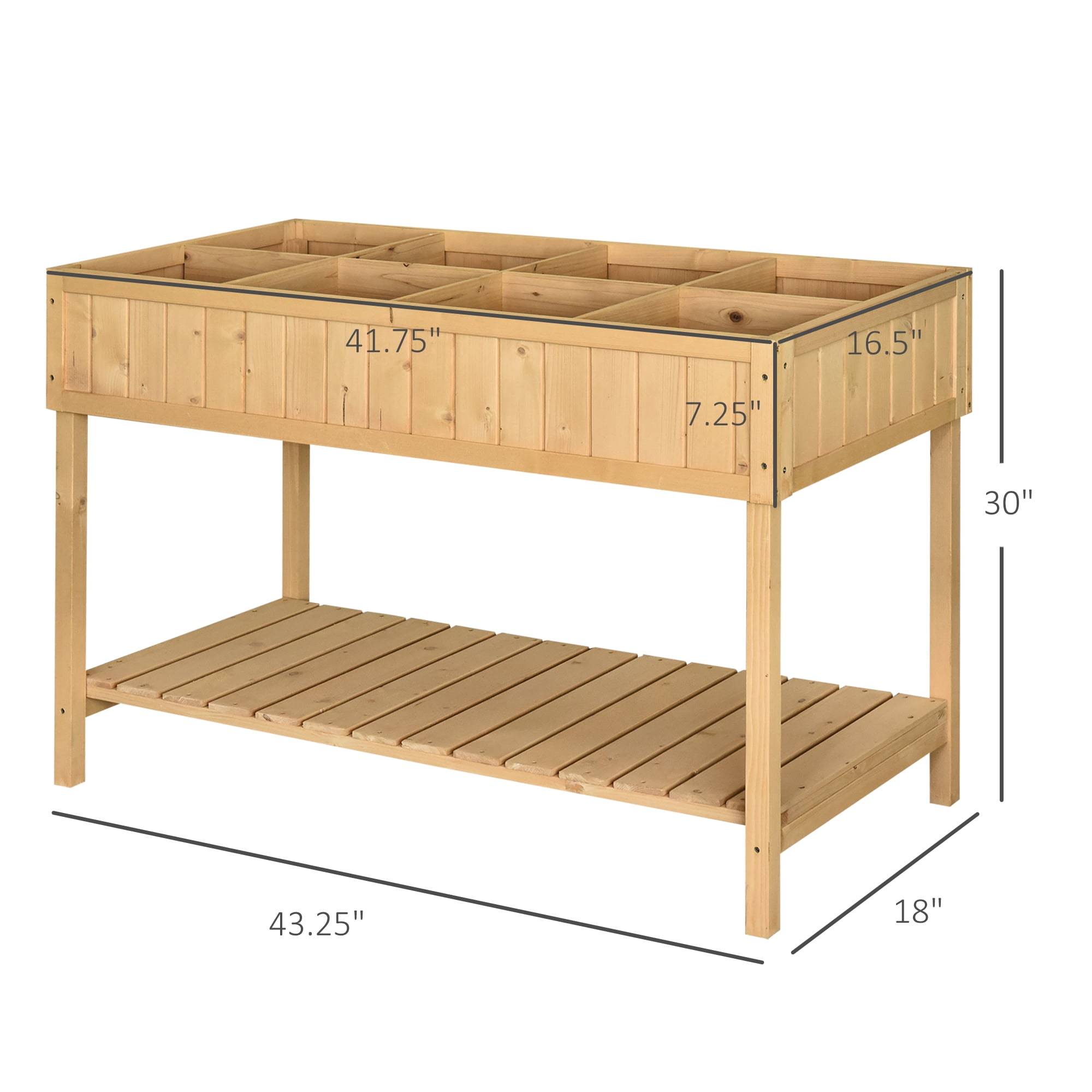 Raised Garden Bed with 8 Pockets and Shelf, Wooden Elevated Planter Box with Legs to Grow Herbs, Vegetables, and Flowers, Natural 43x18x30"