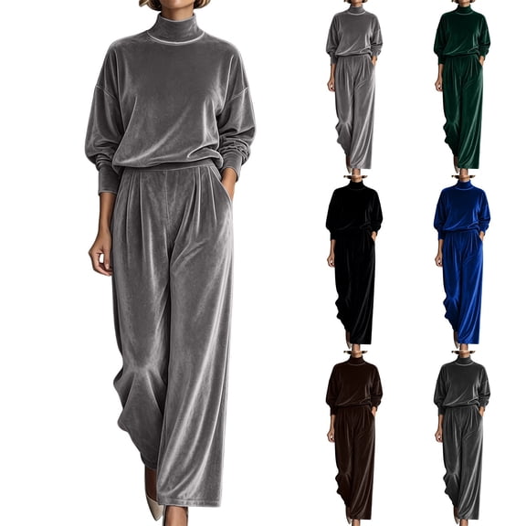 Women's Plush Velvet 2 Piece Loungewear Outfits Mock Neck Long Sleeve Tops and High Waisted Wide Leg Pants Sets Vintage Casual Tracksuit Dark Gray