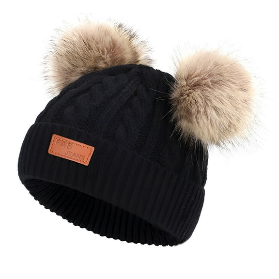 TELOLY Toddler Baby Girls Boys Winter Hats with Double Poms, Soft Thick Warm Ribbed Chunky Cable Knit Hats Skull Caps for 1-11 Years Old Kids