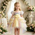 thumbnail image 2 of FYDUU Girls Puffy Pageant Rainbow Tulle Princess Dresses Tiered Birthday Party Tutu Gown With Long Train Formal Performances Dresses 4-5 Years, 2 of 7