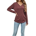 thumbnail image 3 of Womens Long Sleeve Shirts V Neck Casual Tops Loose Dressy Basic Fall Fashion Trendy Outfits Winter Clothes Dark Red M, 3 of 8