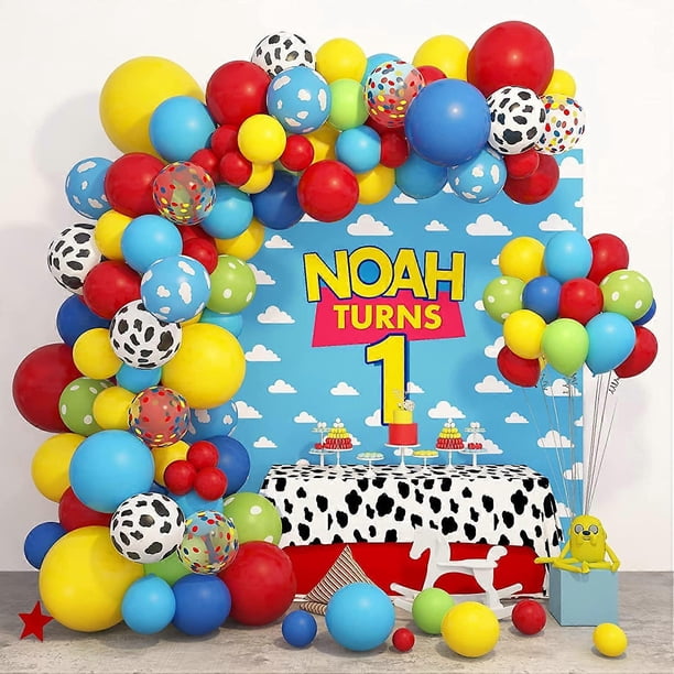 134Pcs Toy Inspired Story Balloons Arch Garland Kit, Cow Pattern Cloud Yellow Red Blue Green Confetti Latex Balloons for Kids Toy Inspired Story Theme