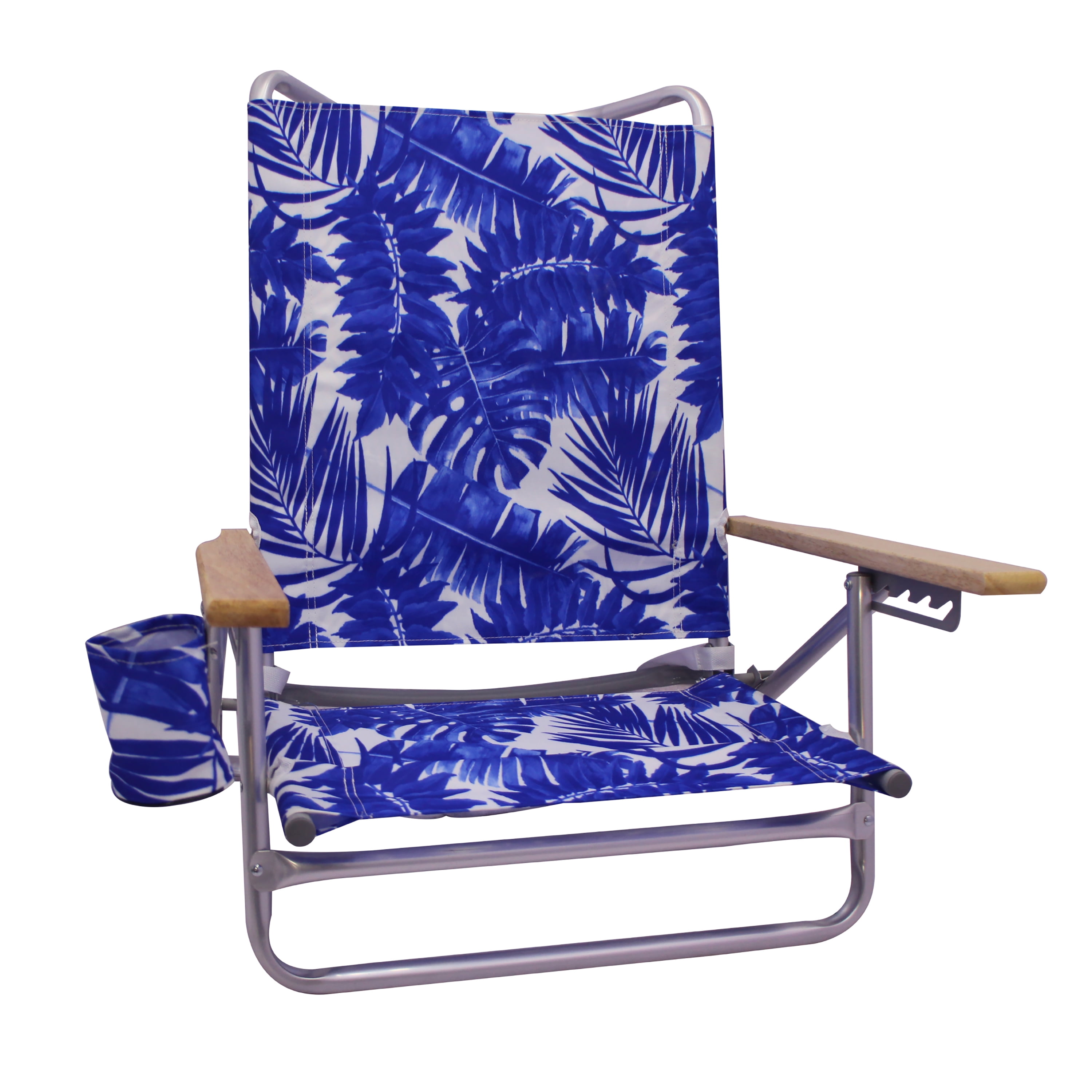 Mainstays Wood Arm Reclining Lay-Flat Beach Chair, Blue Palm