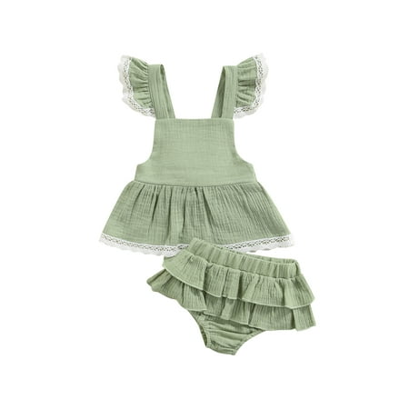 

Toddler Newborn Baby Girl Summer Outfits Fly Sleeveless Ruffle Tank Solid Backless Dress Top Playwear Elastic Shorts