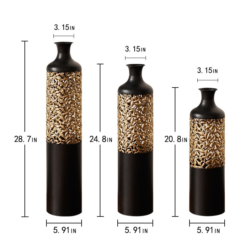 Aukfa Metal Decorative Tall Floor Vase,Set of 3 Large glazed Vases,20.8"/ 24.8"/28.7" H,Black