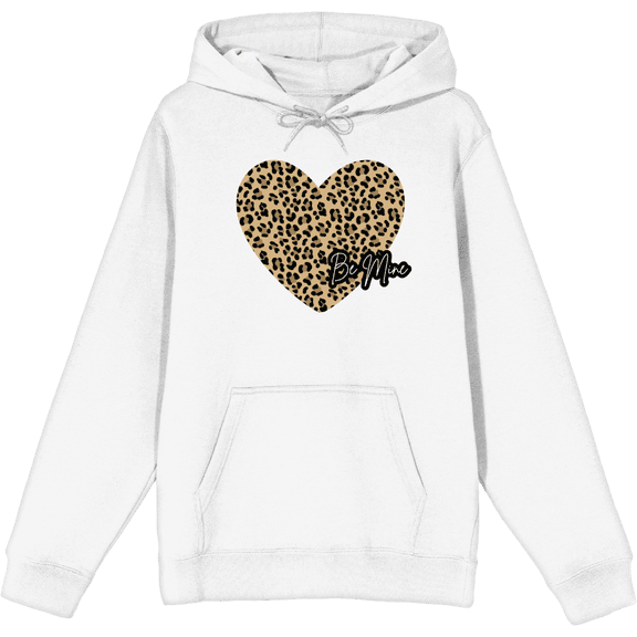 V Day Cheetah Heart Be Mine Long Sleeve Adult Hooded Sweatshirt-Medium-White