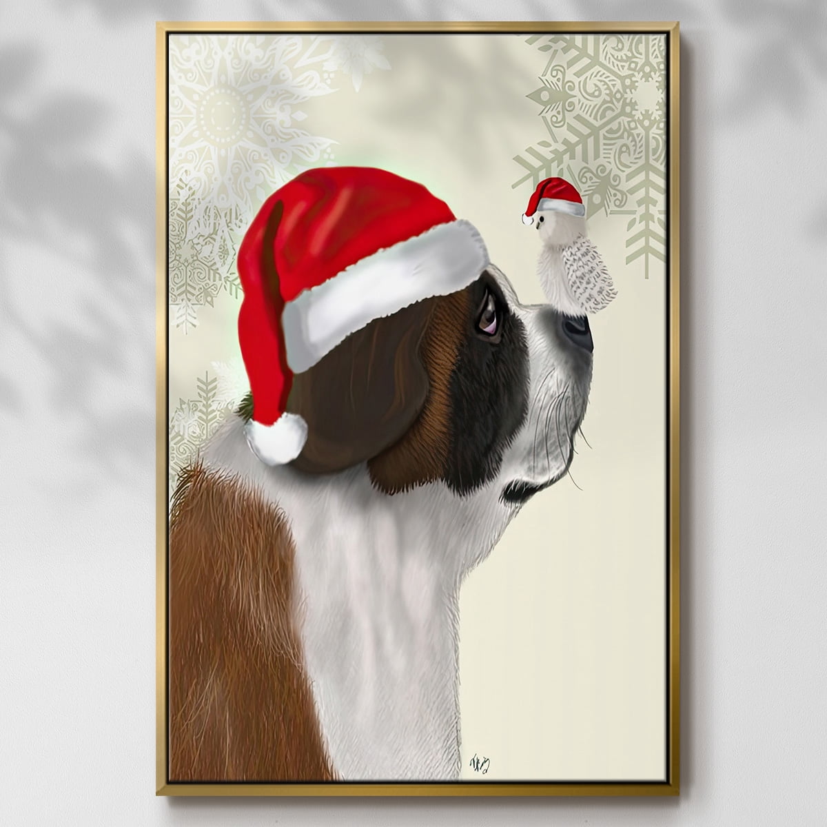 Christmas St Bernard and Fluffy Owl - Framed Gallery Wrapped Holiday Canvas - 25 x 37 - Gold Frame