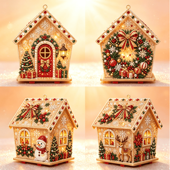 3D Wooden House Christmas Pearl Diamond Art Kit, Christmas Diamond Painting Kits for Adults, DIY Diamond Rhinestones Painting Kits, Handmade Home Decoration Gift (C)