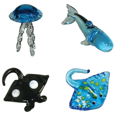 BrainStorm Looking Glass Miniature Glass Figurines, 4-Pack, Jelly Fish/Sperm Whale/Manta Ray/Sting Ray
