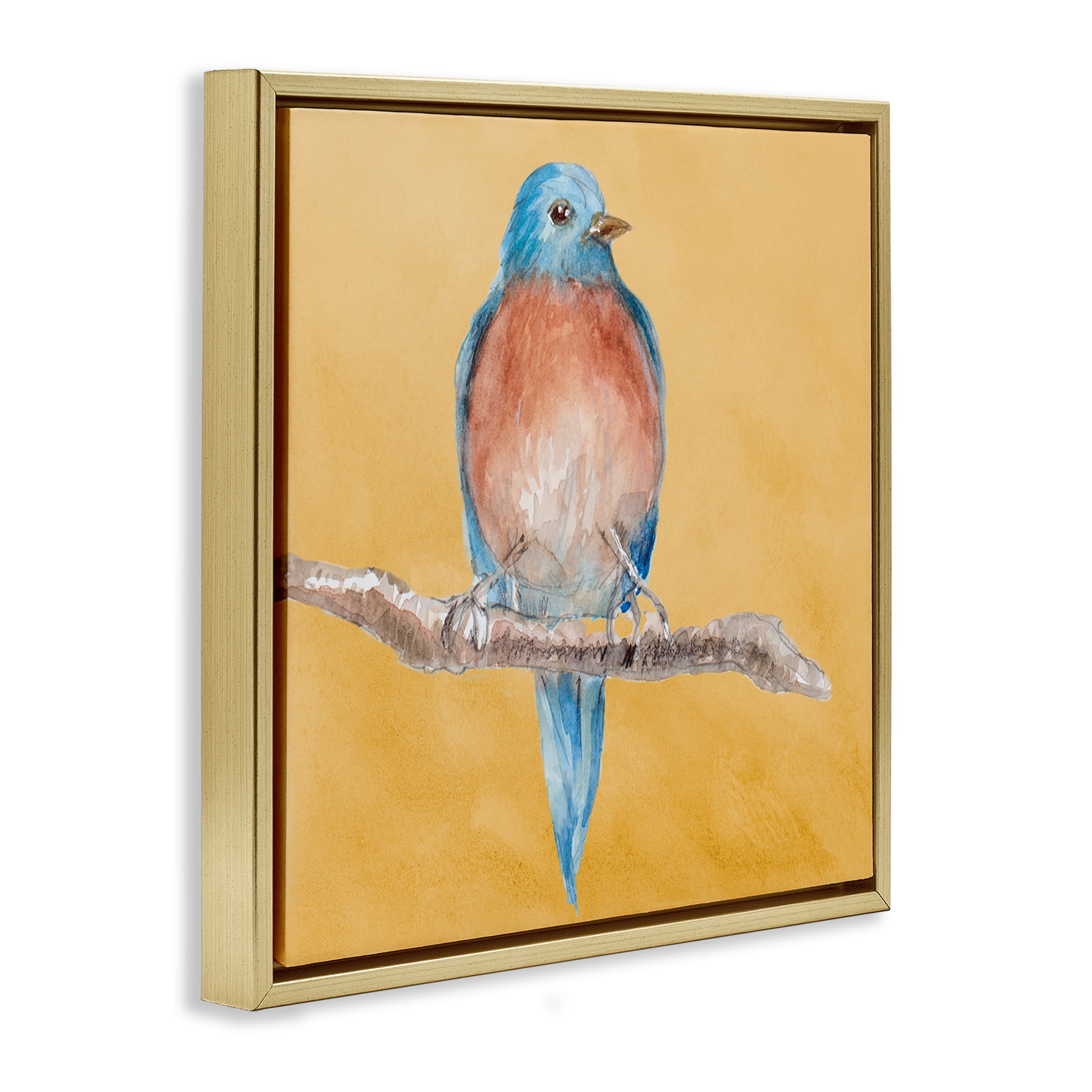 Stupell Industries Traditional Bluebird Perched Animals & Insects Painting Gold Floater Framed Canvas Art Print Wall Art, 18 x 18