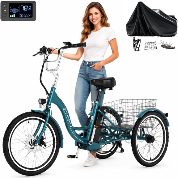 MOONCOOL Electric Trike for Adults w/ cover, 700W Peak Motor 10.4Ah battery,24"/26" 7 Speeds 3 Wheels Low Step Through Unisex Electric Trikes,35-60Miles