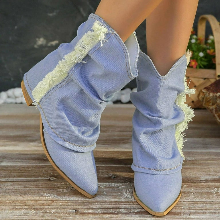 Quealent Adult Women Shoes Dark Wide Calf Boots for Women Women Shoes Fashionable Denim Medium Boots Extra Wide Calf Boots for Women with Heel Light