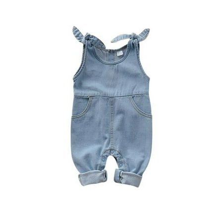 

Mioliknya Toddler Summer Rompers Denim Solid Color O-Neck Sleeveless Jumpsuits