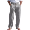 thumbnail image 2 of Domuza Men's Cotton Linen Button Pants Beach Drawstring Straight Pant Loose Fit Breathable Yoga Trousers with Pockets Gray 3XL, 2 of 6