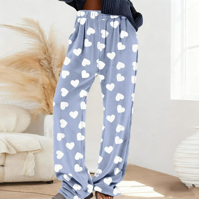 Ceisia men's Heart Print Flannel Wide Leg Pants, Elastic Waist Casual Winter Trousers with Plush Texture for Ladies Blue S Gifts
