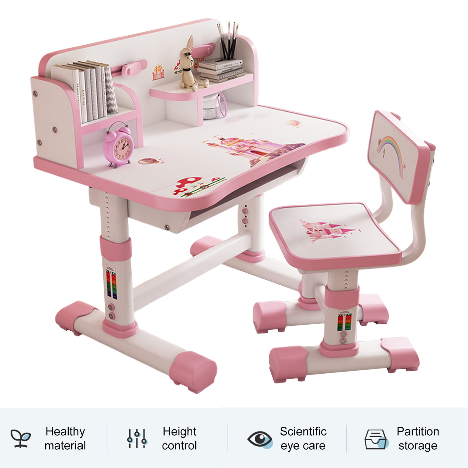 AQMD Kids Functional Desk Chair Set, Height Adjustable Child Study Desk with Castle Backboard, Widened Desktop, Bookstand and Storage Drawer (Pink)