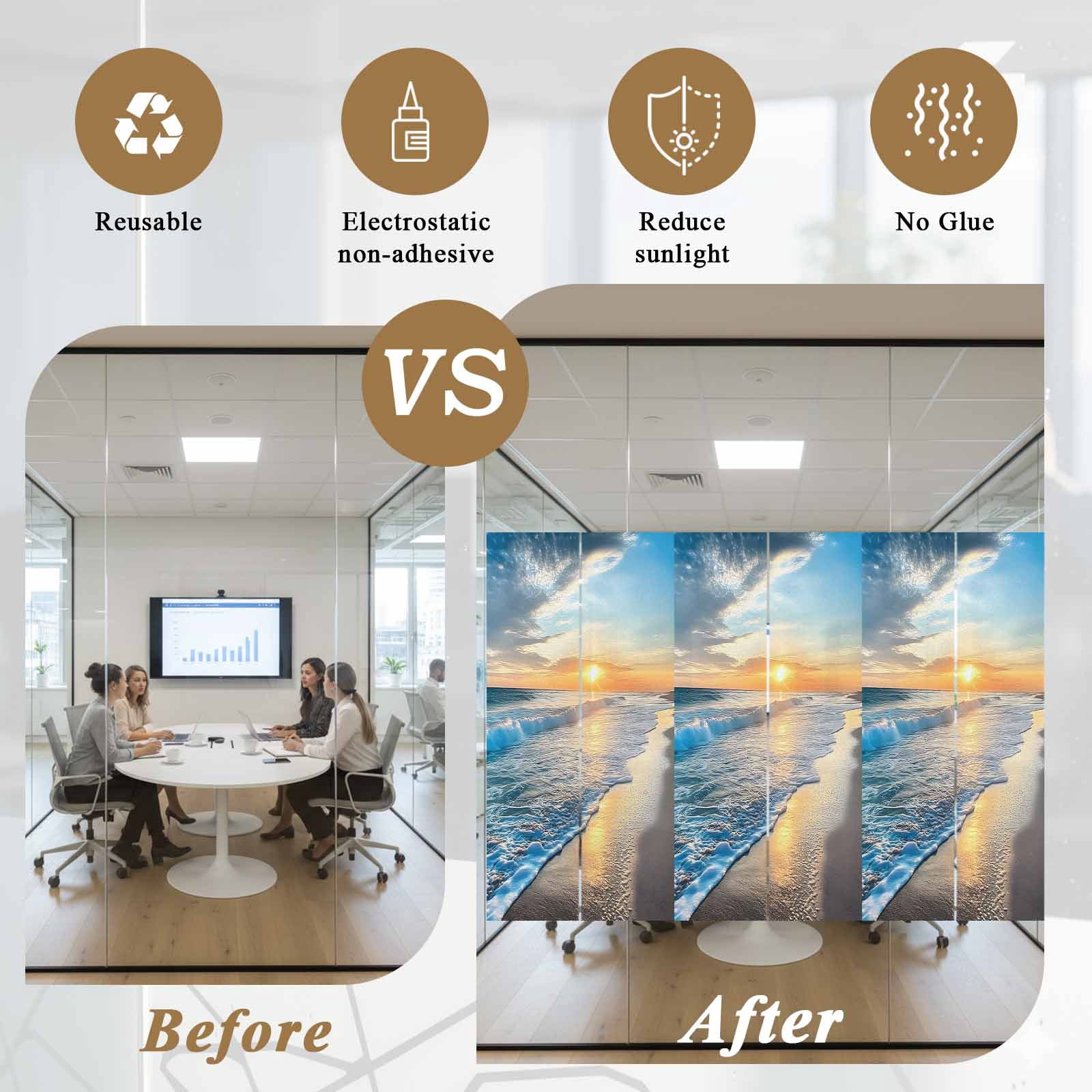 Sunset Beach Privacy Window Film, Decorative Frosted Glass Window Film, Spray Ocean Waves Sky Nature Scenery Reusable Peel and Stick Static Cling for Home Bathroom Office Glass Door 23.6"x59"