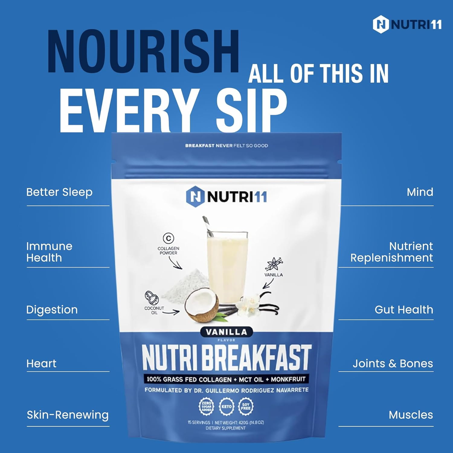 NutriBreakfast by Nutrillermo/Keto Protein Vanilla Collagen Powder with MCT Oil/MCT Oil Powder with Collagen/Keto Collagen Peptides Powder with Grass-Fed Bovine Collagen Type I & III-15 Servings