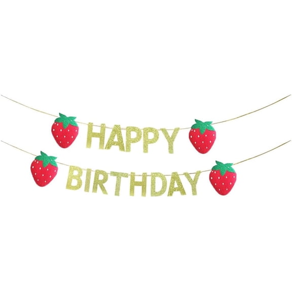 Strawberry Happy Birthday Banner, Sweet Berry Themed Party Decor, Baby Girl Birthday Supplies, Glitter Paper Rectangular Banner, Gold