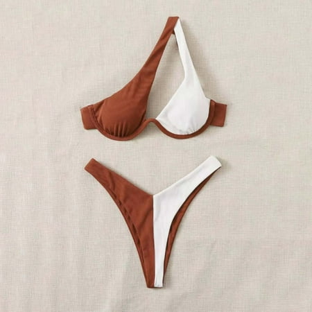 BSDJILFG One Shoulder Swimsuits for Women Color Blocked Bikini Sets Push Up Small Cups Bra and High Waisted Cheeky Underwear Beachwear Swimwear Clearance