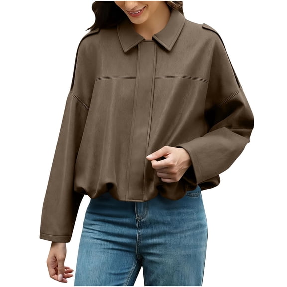 Women's Faux Suede Bomber Cropped Jacket Fall Lapel Casual Oversized Long Sleeves Trendy Streetwear Coat Outerwear