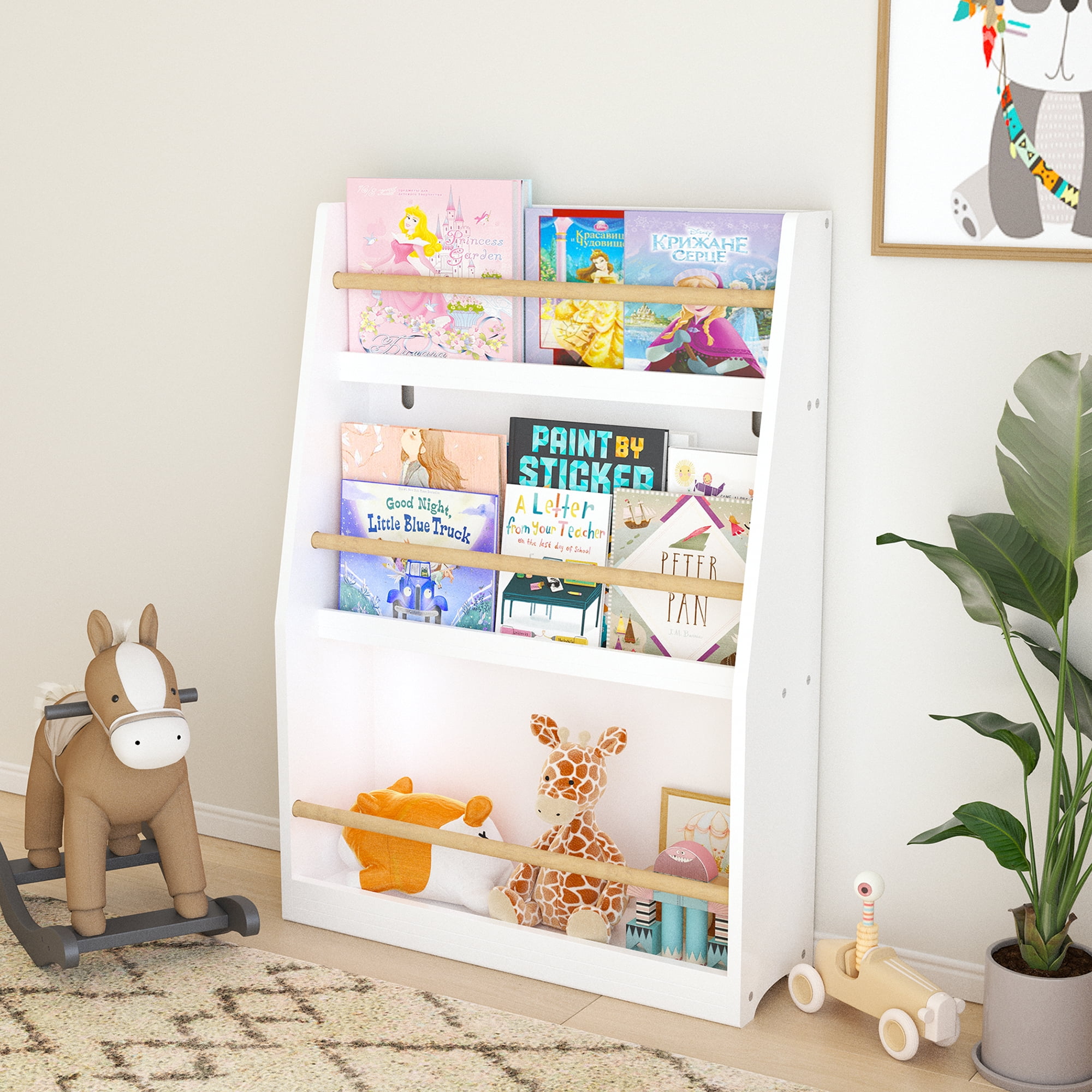 Miniyam 3-Tier Wooden Bookshelf with Toy Storage for Kid, White