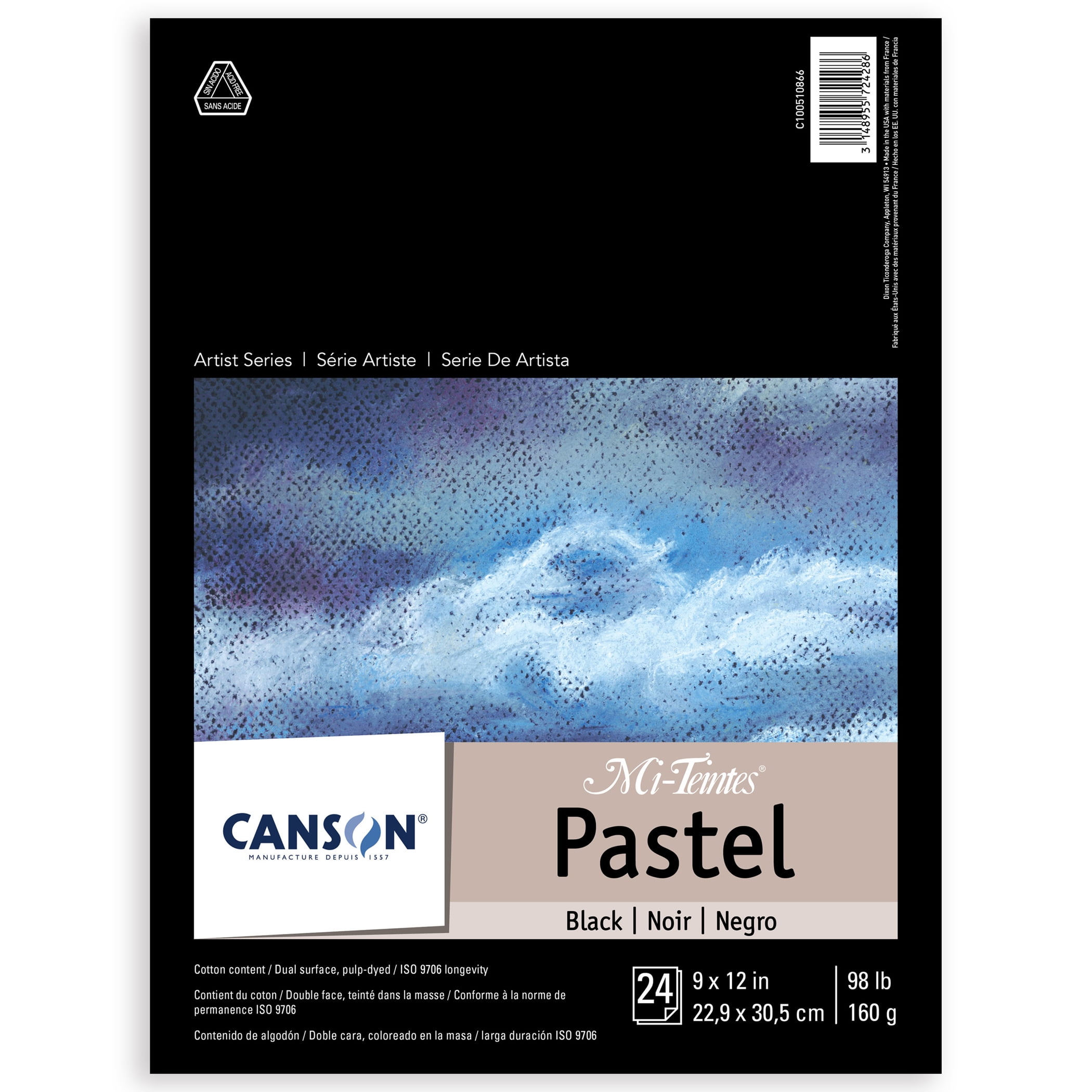 Canson Artist Series Mi-Teintes Pastel Pad, Black, Foldover Binding, 24 Sheet, 9x12 inch, Pack of 2