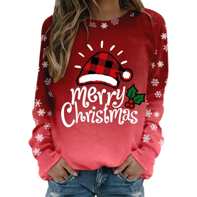 Gibobby Sudadera de Navidad para mujer Sudadera para mujer Moda Navidad Estampado Cuello redondo Ajuste Tops Casual Manga larga Camisas de entrenamiento Blusa suelta(Rojo de la sandía,XG)