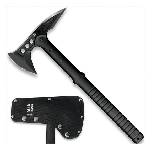 Tomahawk Military Axe - Black Color | 3 ⅞” Cast Stainless Steel Axe with Piercing Spike | Nylon Cord Wrapped Fiberglass Handle | Camping and Gear | 15” Length