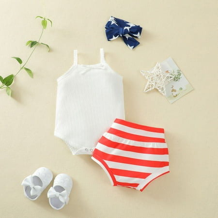 

Sunhillsgrace 2023 Summer Girls Outfits&Set Infant Girls Sleeveless Independence Day Solid Color Ribbed Romper Bodysuit Prints Shorts Headbands Outfits