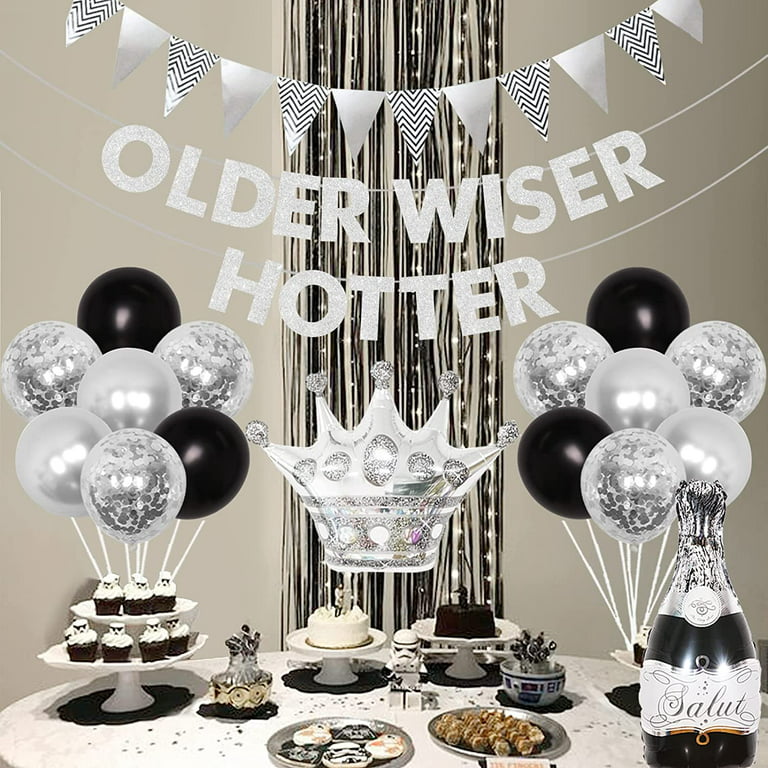Older Wiser Hotter Birthday Decorations Black and Silver, Older Wiser  Hotter Banner Funny Bday Party Supplies for Men Women, Champagne Crown Foil  Balloon Set, 30th 40th 50th 60th Birthday Party Decor 