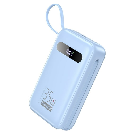 EnergyQC 20,000mAh Power Bank – 35W PD 3.0 & QC 4.0 Fast Charging Portable Charger with Built-in Lightning & USB-C Cables, Blue