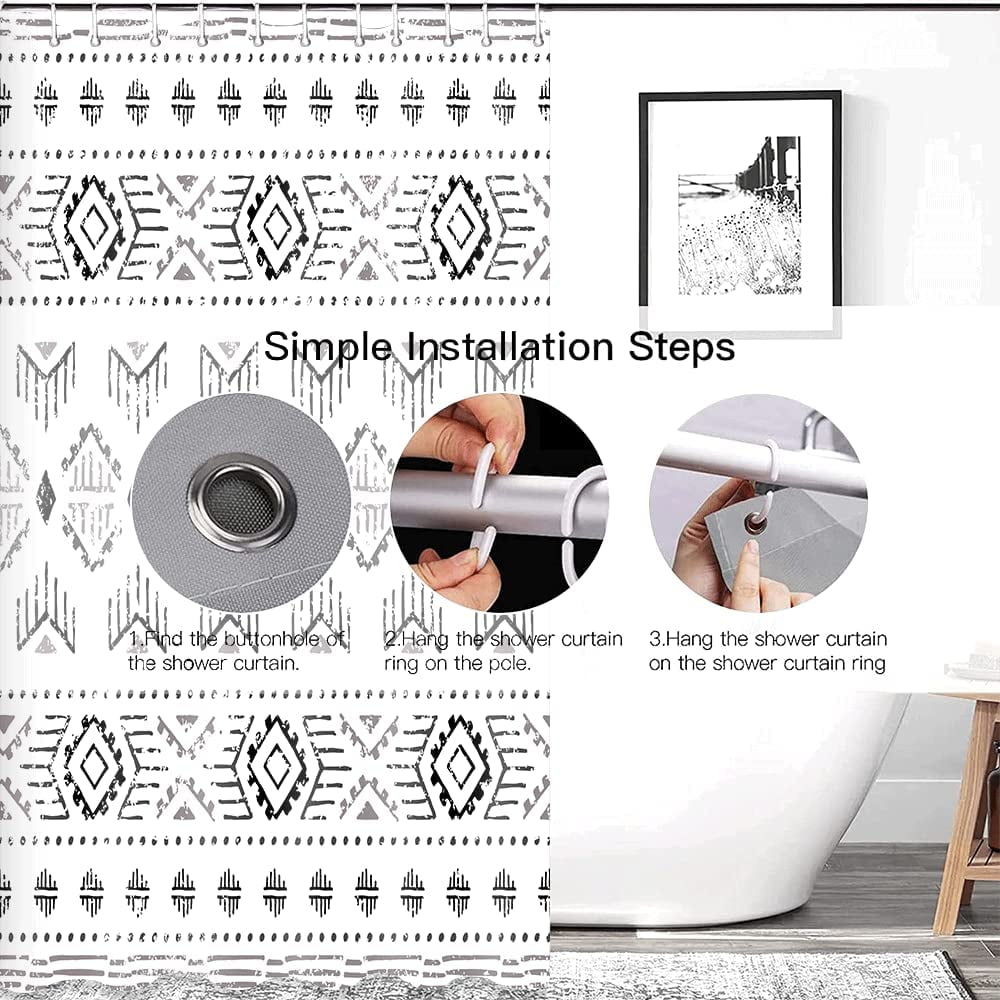 Black White Boho Shower Curtain Set, Modern Farmhouse Geometric Shower Curtain, Bohemian Tribal Chic Shower Curtain for Bathroom Decor with 12 Hooks 72x72in,Water Repellent
