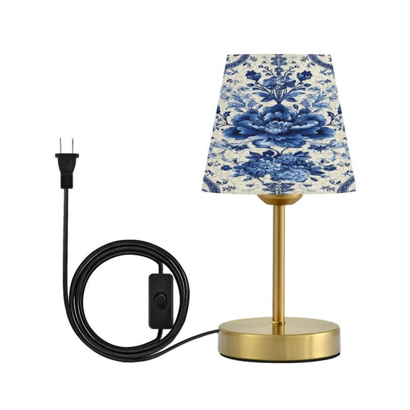 Modern Minimalist Cone Desk Lamp Antique Bronze Base & Linen Shade Bedside Table Lamp for Bedroom Living Room, Office, Dorm Blue and White Porcelain-style Small