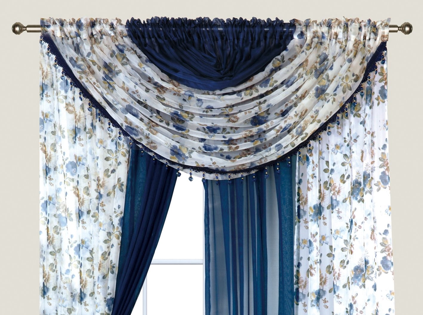 Plume D' Home Two-Tone curtains with attached valances and tiebacks Lorena (Blue Rose Navy)