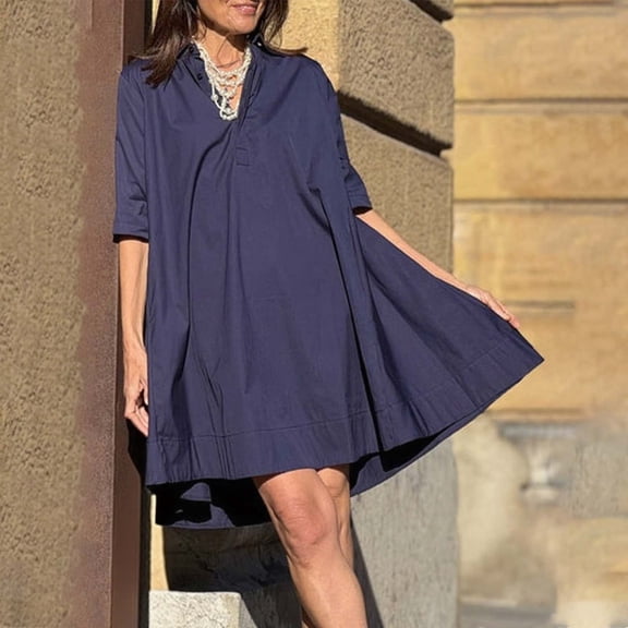 Neewe Womens Cotton Linen Summer Midi Shirtdresses Plain V Neck Lapel 3/4 Sleeve Button Casual Loose Knee Length Dress Daily