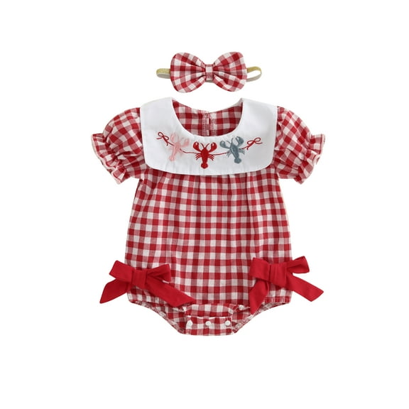 BemeyourBBs Baby Girl Lobster Embroidery Romper Plaid Jumpsuit with Headband
