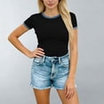 thumbnail image 2 of GUACER Women's Short Sleeve T Shirts Fashion Contrast Denim Trim Crew Neck Casual Tops Slim Fit Tee, 2 of 5