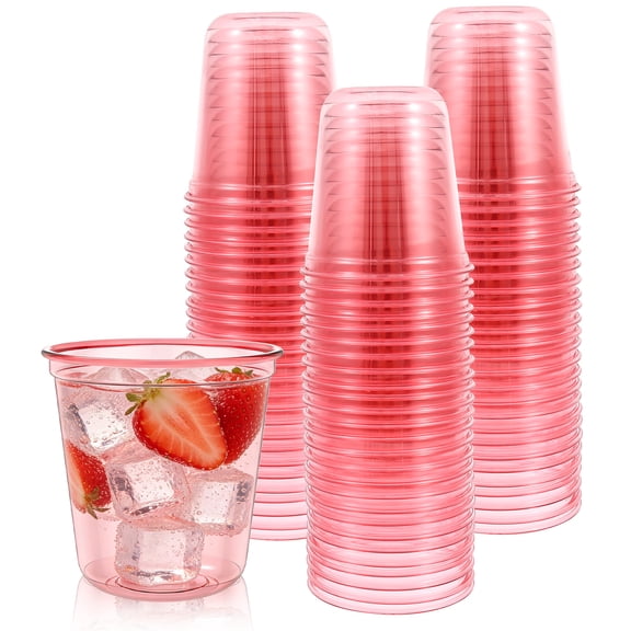 12 oz Pink Plastic Cups 100 Pcs Wine Glasses Crystal Cocktail Cups Cold Drinking Party Glasses for Valentine's Galentine's Day Wedding Christmas Party