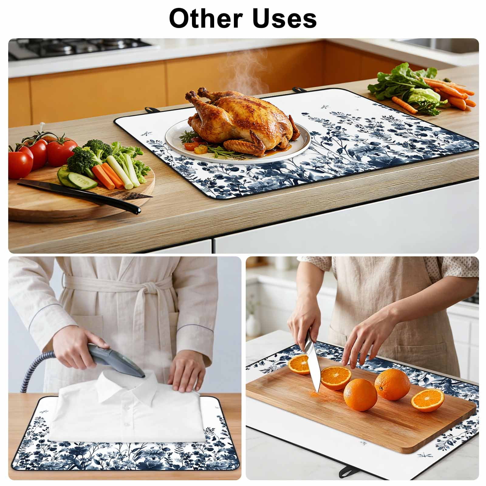 Blue Botanical Stove Top Cover for Electric Stove, Heat-proof & Non Slip Glass Top Stove Cover Protector, Dragonfly Flower Leaf Retro Ink Style Kitchen Flat Cooktop Rubber Mat 24x21 Inches