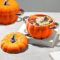 ‌Halloween Microwave Safe Ceramic Soup Bowl,Pumpkin Shaped Ceramic Soup Bowl with Lid,Fall Decor Dinnerware Set,Large Capacity Serving Dish