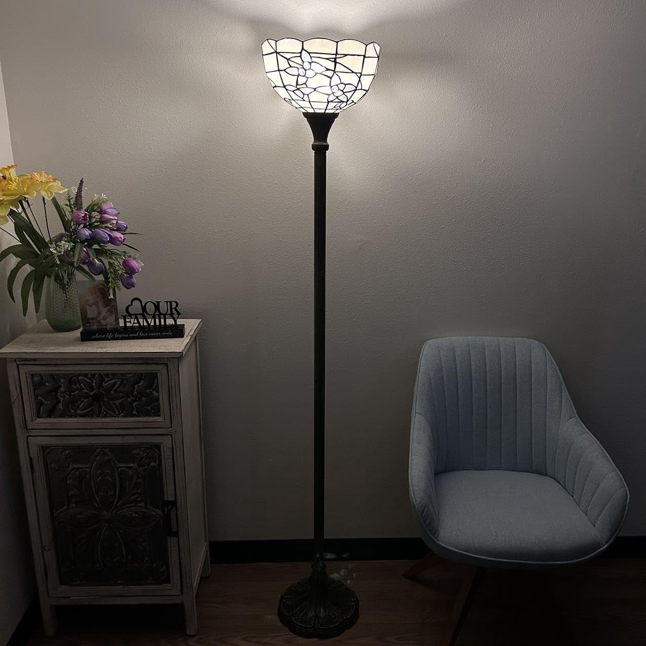 Tiffany Torch Floor Lamp White Stained Glass Flowers LED Bulb Included for Living Room Dining Room Bedroom 12"W*12"D*66"H