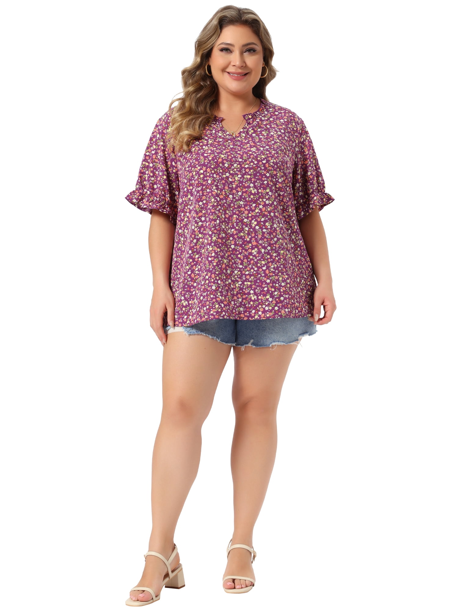 DARING DIVA Women's Plus Summer Top Floral V Neck Ruffle Puff  Casual Blouse Top 4X Purple