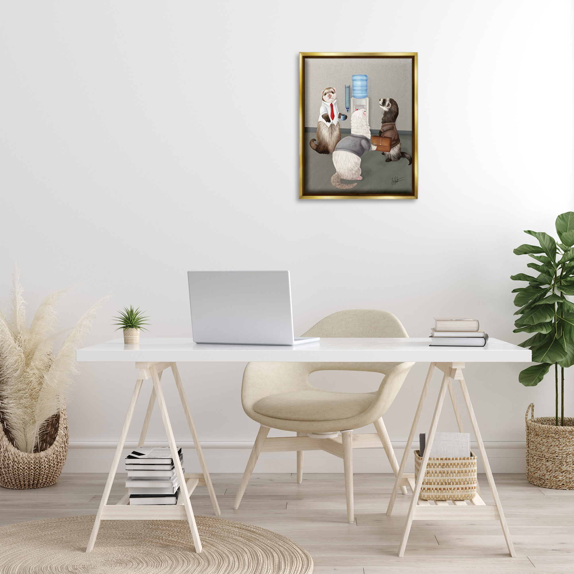 Stupell Industries Office Ferrets Water Cooler Animals & Insects Painting Gold Floater Framed Canvas Art Print Wall Art, 17 x 21