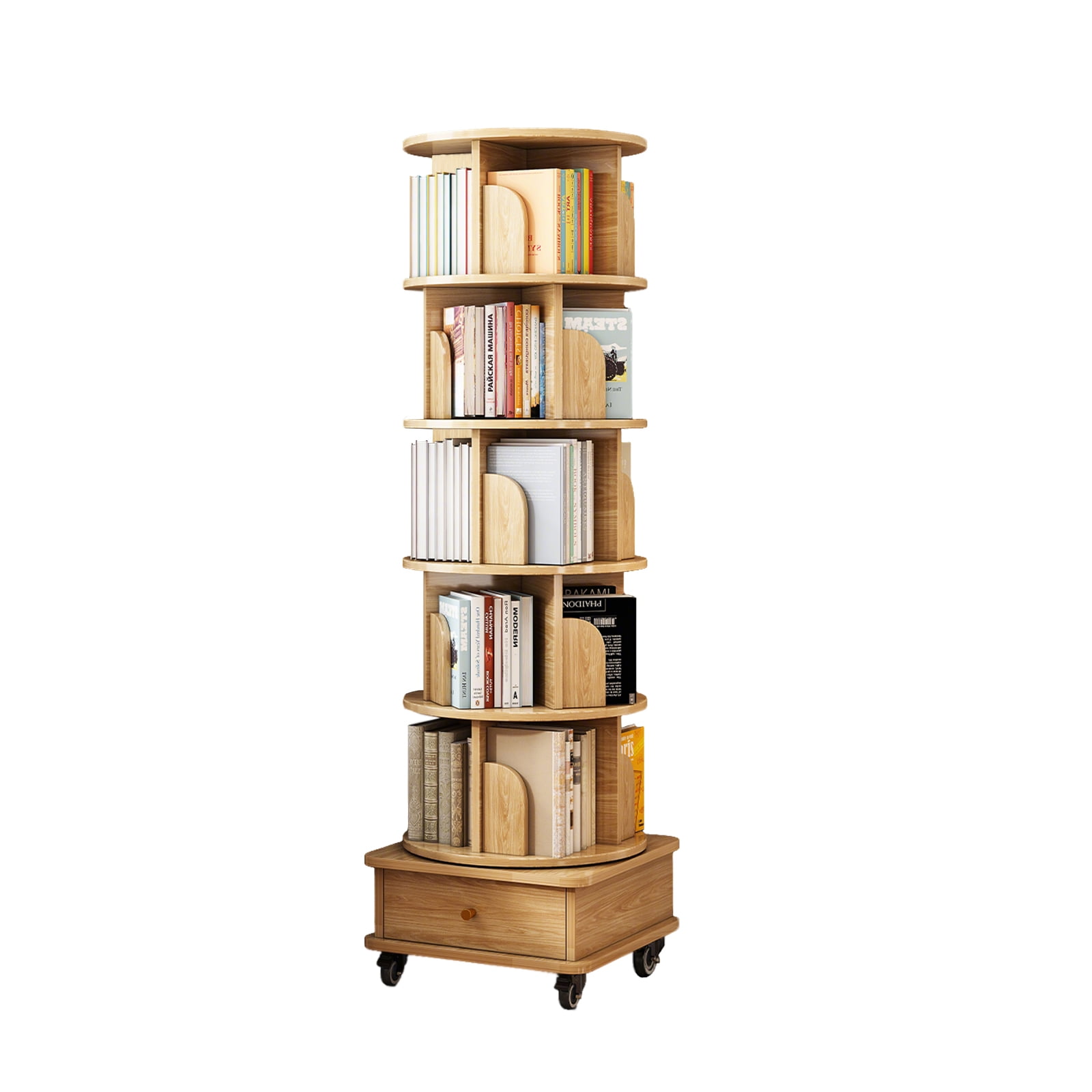 Homy Casa 5-Tier Rotating Bookshelf, Ideal for Cozy Bedroom or Living Room Reading Nook, Natural