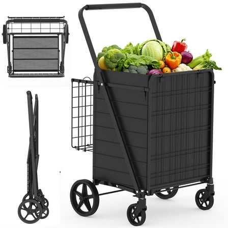 Foldable Utility Shopping Cart With Shelf In Black - 360 Degrees Rolling Swivel Wheels For Groceries And Laundry
